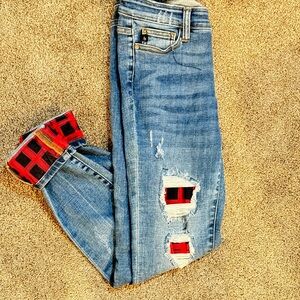 Judy Blue Light Blue Distressed Skinny Jeans with Red Plaid Accents